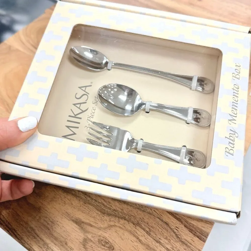 NWT Mikasa 3 Pc set baby Memento Box cross & beaded design Silver flatware set